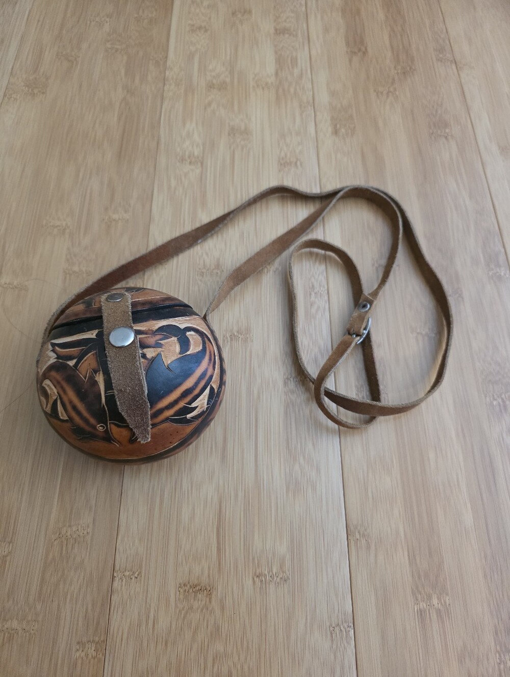 Handcrafted Round Gourd Canteen - Brown & Black